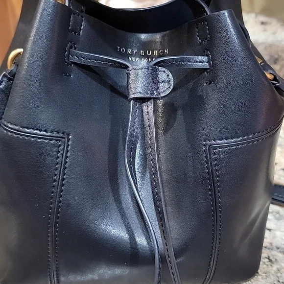 Tory Burch EUC Mini Drawstring Bucket Bag Purse Black Leather - Picture 2 of 8